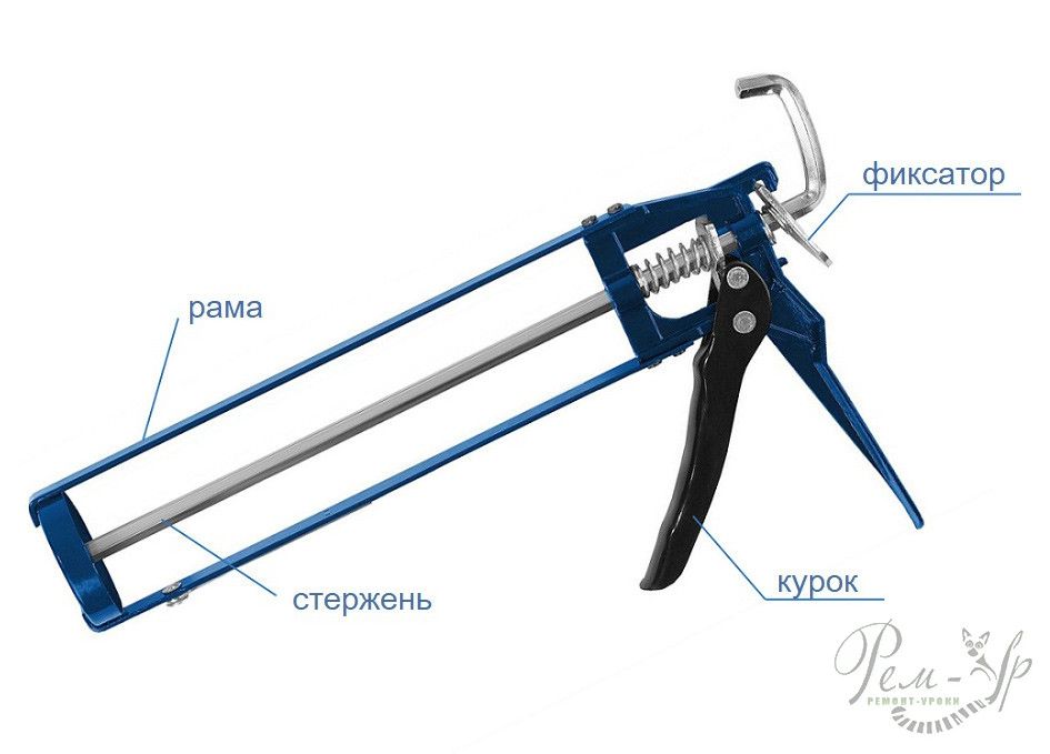 фото строения пистолета для герметика с подписью деталей