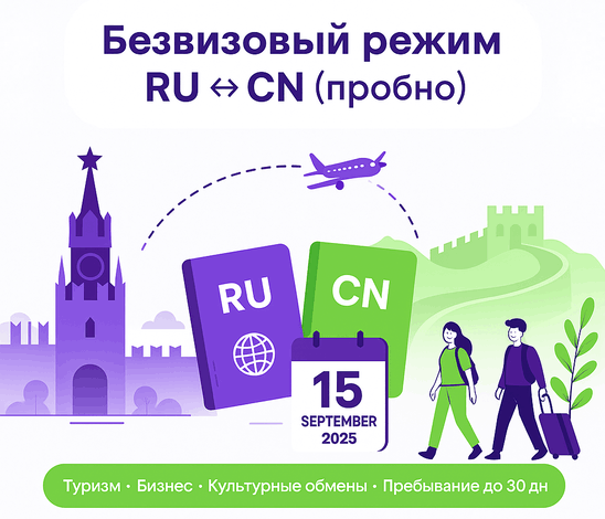 С 15 сентября 2025 года заработал пробный безвизовый режим между Россией и Китаем