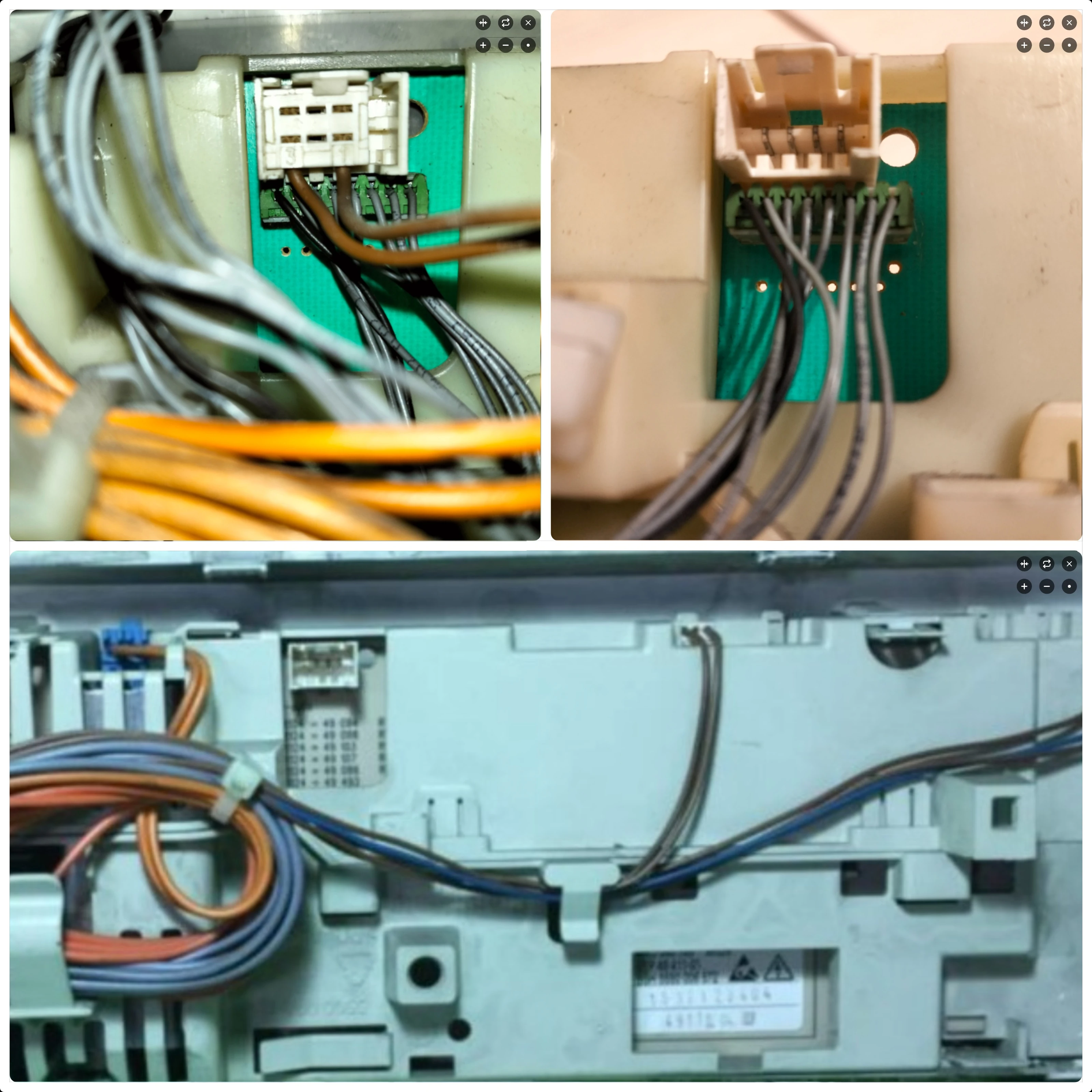 Сравнение подключения датчика NTC в стиральной машине Bosch WFC2066OE: сверху слева ошибочное подключение разъёма, снизу штатное подключение к модулю управления