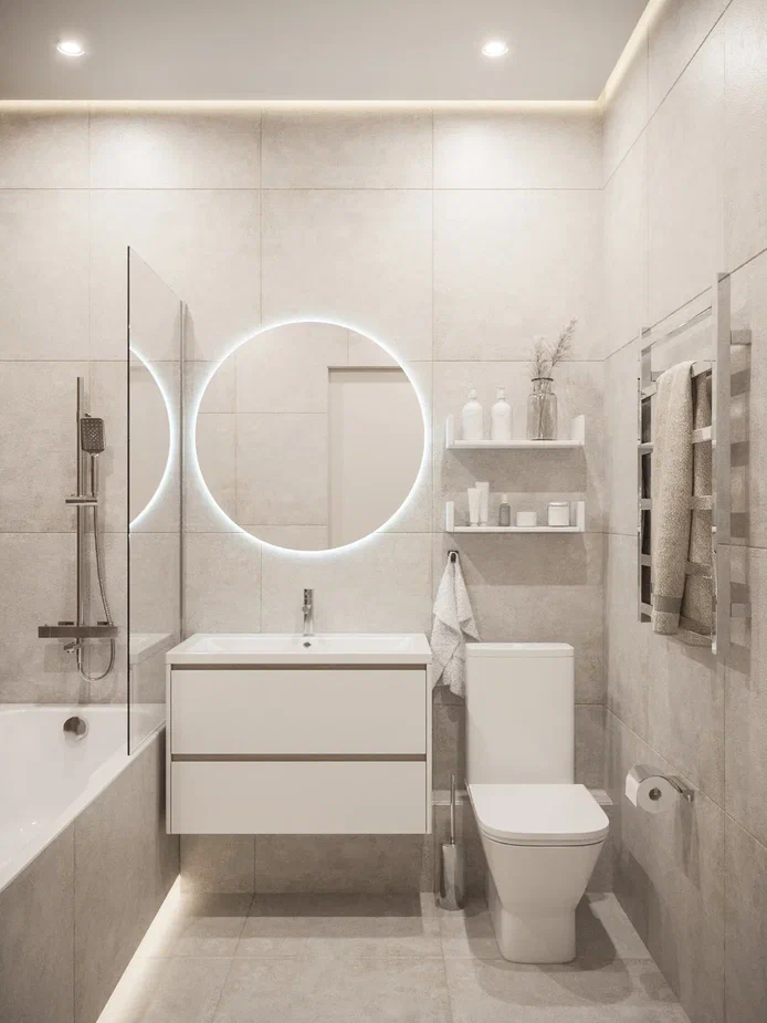 Натяжной потолок в ванной и туалете - готовый проект фото и цены