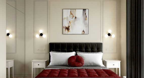 Спальня: готовый дизайн проект в стиле "Современная классика". Площадь 15.3 м²