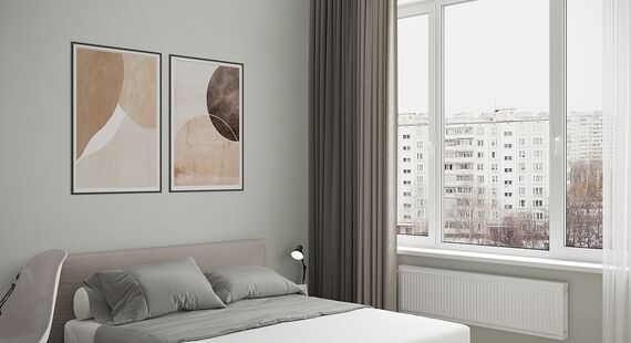 Спальня: готовый дизайн проект в стиле "Минимализм". Площадь 17.4 м²