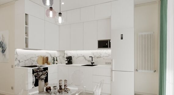 Кухня: готовый дизайн проект в стиле "Минимализм". Площадь 10.6 м²