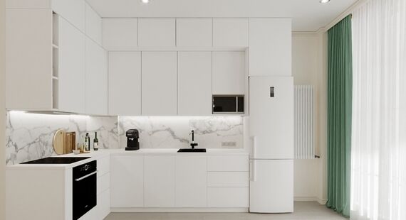 Кухня: готовый дизайн проект в стиле "Минимализм". Площадь 10.6 м²
