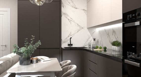 Кухня-гостиная: готовый дизайн проект в стиле "Модернизм". Площадь 19.2 м²