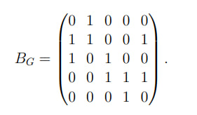 Условие: На изображении матрица инцидентности
4) Являются ли графы G и G- связными? Определить количество компонент связности, найти мосты, точки сочленения и выделить блоки.  5) Привести примеры в графе G: а) маршрута, не являющегося цепью; б) цепи, не явялющейся простой; в) простой цепи