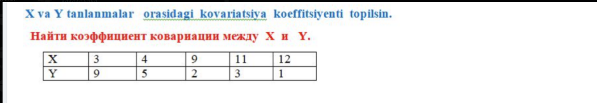 Условие: найти коэфициент ковариации