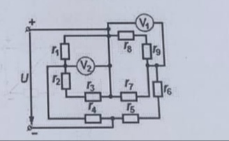 Условие: В соответствии с заданным номером варианта в табл. 2 заданы величины напряжения на входных зажимах электрической схемы и все сопротивления.
Определить:

1) токи во всех ветвях схемы;

2) показания вольтметров.

U=90В, R1=61, R2=50, R3=10, R4=60, R5=40, R6=40, R7=60, R8=28, R9=32