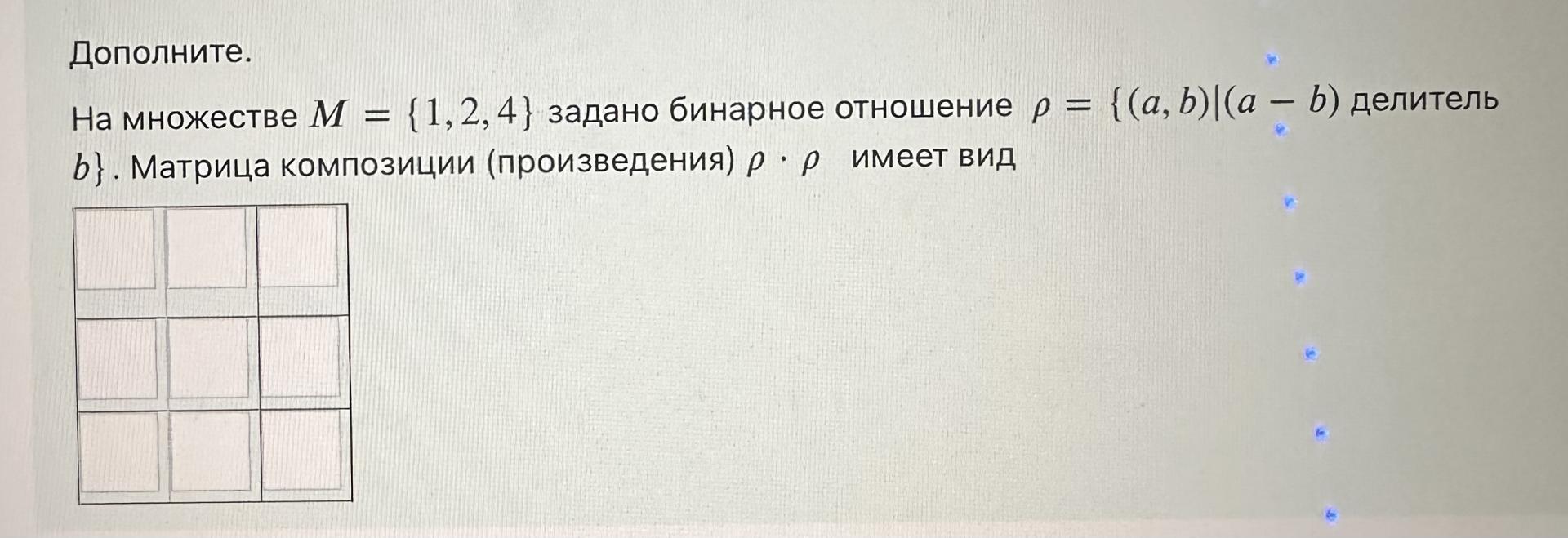 Условие: Дополните.
На множестве М = {1,2, 4) задано бинарное отношение р = {(a, b)|(а - b) делитель b}. Матрица композиции (произведения) р • р имеет вид