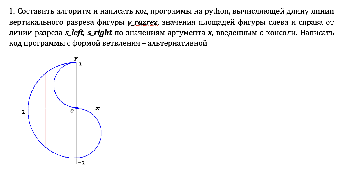 Условие: Составить алгоритм и написать код программы на python, вычисляющей длину линии вертикального разреза фигуры y_razrez, значения площадей фигуры слева и справа от линии разреза s_left, s_right по значениям аргумента x, введенным с консоли. Написать код программы c формой ветвления – альтернативной