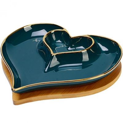 12090 менажница сердце 2 секции с подставкой 2пр фарфор/дерево lr (х24)