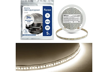 лента светодиодная 180smd(2835)/м 16вт/м 24v 5000*10*1.22мм 4000к, ls502 feron