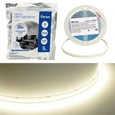 лента светодиодная, 240smd(2835)/м 22вт/м 24v 5000*10*1.22мм 4000к, ip20, ls503 feron