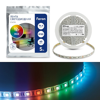 лента светодиодная, 60smd(5050)/m 14,4w/m 12v 5m rgb , ls606 feron