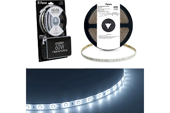лента светодиодная, 60smd(5050)/m 14.4w/m 12v 3m 6500к c драйвером, ls606 feron с адаптером с вилкой в комплекте