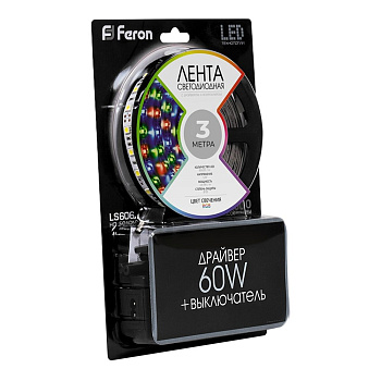 лента светодиодная, 60smd(5050)/m 14.4w/m 12v 3m rgb c драйвером, ls606 feron с адаптером с вилкой, контроллером с пультом в комплекте