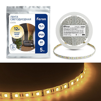 лента светодиодная, 60smd(5050)/m 14.4w/m 12v 5m 3000к, ls606 feron