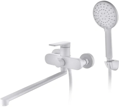 смеситель для ванны da1523308 однорычажный длинный излив с лейкой и шлангом цвет белый