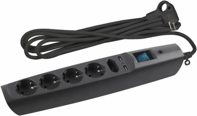 сетевой фильтр эра sfu-5es-2m-b с надеж.защ. с заземл. с выключ. 5 розеток 2м 2xusb 10а черный