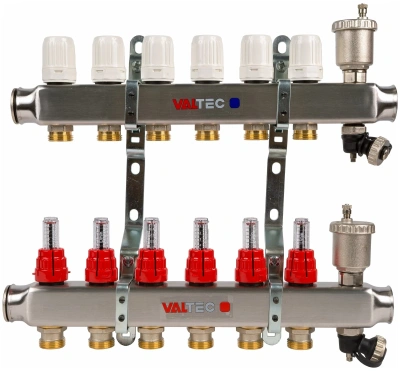 коллекторный блок из нерж. стали с регул. клап. и расх., 1"х6 вых. евроконус 3/4"