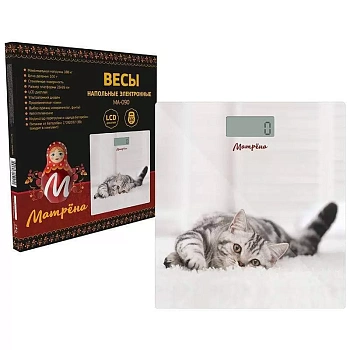 весы напольные эл. матрена ма-090 кот (стекло) 180кг, дел.100гр, 26*26см, cr2032 в компл. 7271