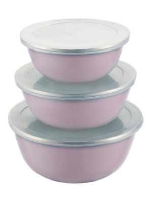 93-em-sm-s03 набор эмал. мисок 3шт. (розовый цв.) с пласт.кр.:14/16/18см, 0,6/0,8/1,4л linea smalto