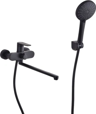 смеситель для ванны da1523305 однорычажный длинный излив с лейкой и шлангом цвет черный