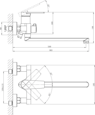 смеситель для ванны da1523305 однорычажный длинный излив с лейкой и шлангом цвет черный
