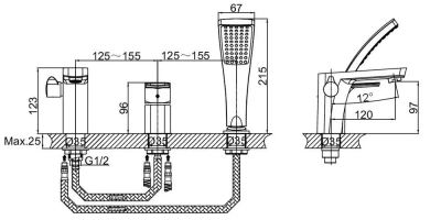 смеситель врезной на борт ванны d&k da1434901 3 отверстия