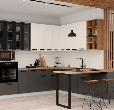 комплект кухонной мебели ройс, белый софт/графит софт со столешницей сосна бискайская