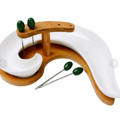 12076 менажница с подставкой 7пр фарфор/дерево lr (х27)