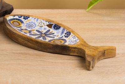 блюдо в форме рыбки «желтые и синие цветы», 25.5?10?2 см, дерево манго