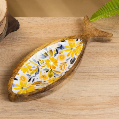 блюдо в форме рыбки «желтые и синие цветы», 32?11.5?2 см, дерево манго