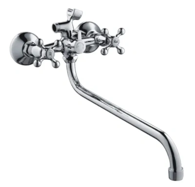 смеситель для ванны hb2208-2 двухвентильный длинный излив с лейкой и шлангом цвет хром