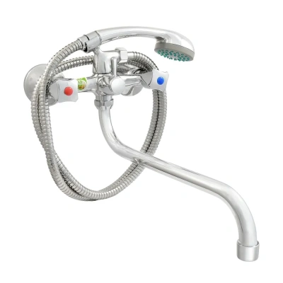 смеситель для ванны 0402.642 двухвентильный длинный излив с лейкой и шлангом цвет хром