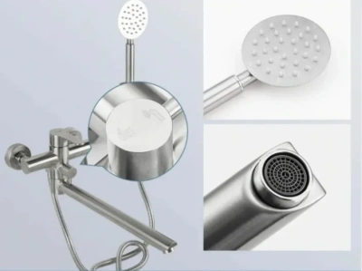 смеситель для ванны hb22801 однорычажный длинный излив с лейкой и шлангом цвет сталь