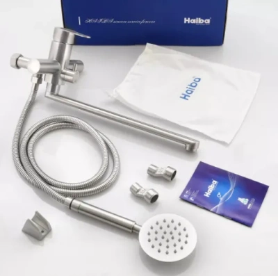 смеситель для ванны hb22801 однорычажный длинный излив с лейкой и шлангом цвет сталь