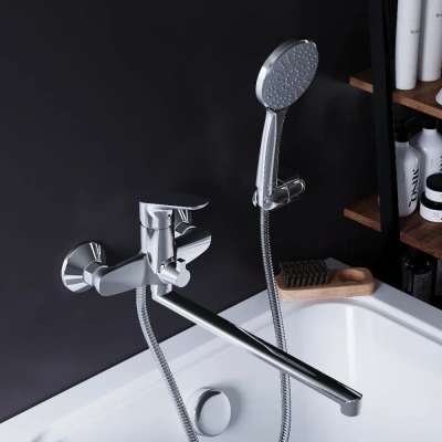 смеситель для ванны jupiter 779500001 однорычажный длинный излив с лейкой и шлангом цвет хром