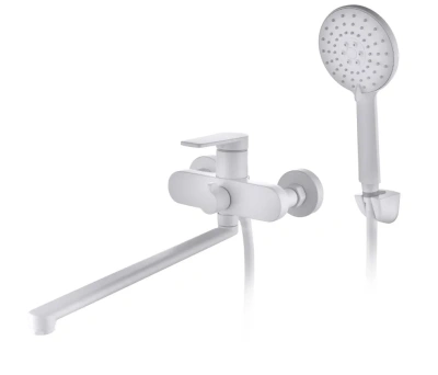 смеситель для ванны da1523308 однорычажный длинный излив с лейкой и шлангом цвет белый