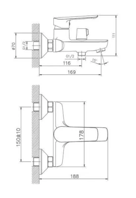 смеситель для ванны hb60198 однорычажный короткий излив с лейкой и шлангом цвет хром