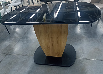 стол бристоль стекло 1200(1515)*800 (цвет пленки:черный матовый шагрень / :цвет стекла:черный / :цвет кромки:дуб вотан / :цвет лдсп 2:дуб крафт золотой / :цвет лдсп:черный )