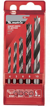 набор сверл по дереву, 4-5-6-8-10 мм, 5 шт, цилиндрический хвостовиковик, пластиковый кейс, matrix