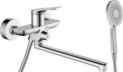 смеситель для ванны hb22816 однорычажный длинный излив с лейкой и шлангом цвет хром