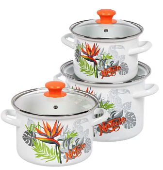 набор посуды эмалированная сталь, 6 предметов, кастрюли 2.4,3.4,5 л, индукция, керченский металлургический завод, рио-5-1-люкс, белый