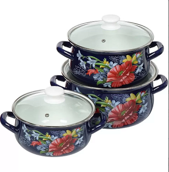 набор посуды эмалированная сталь, 6 предметов, кастрюли 2,3,4 л, керченский металлургический завод, апрель-экстра