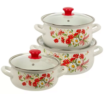 набор посуды эмалированная сталь, 3 предмета, кастрюли 2, 3, 4 л, керченский металлургический завод, астры-1-экстра, белый