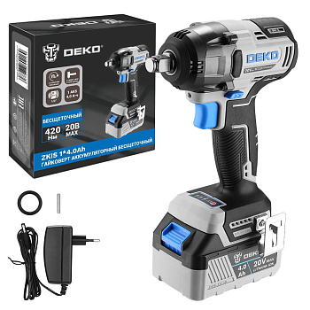 гайковерт аккумуляторный ударный бесщеточный deko zkis, 20в,li-ion 1х4ач