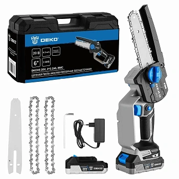 пила цепная аккумуляторная бесщеточная deko dkchs 20v, 6", 20в, 2x2.2ач, 2 шины и 3 цепи в кейсе