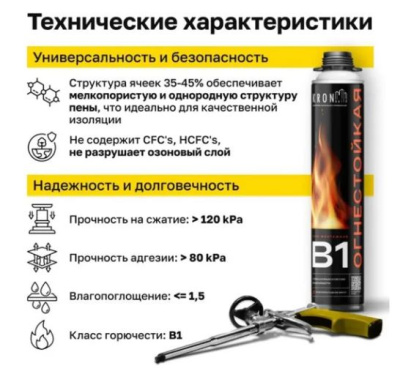 пена огнестойкая профессиональная монтажная kronbuild 65, 1000 мл
