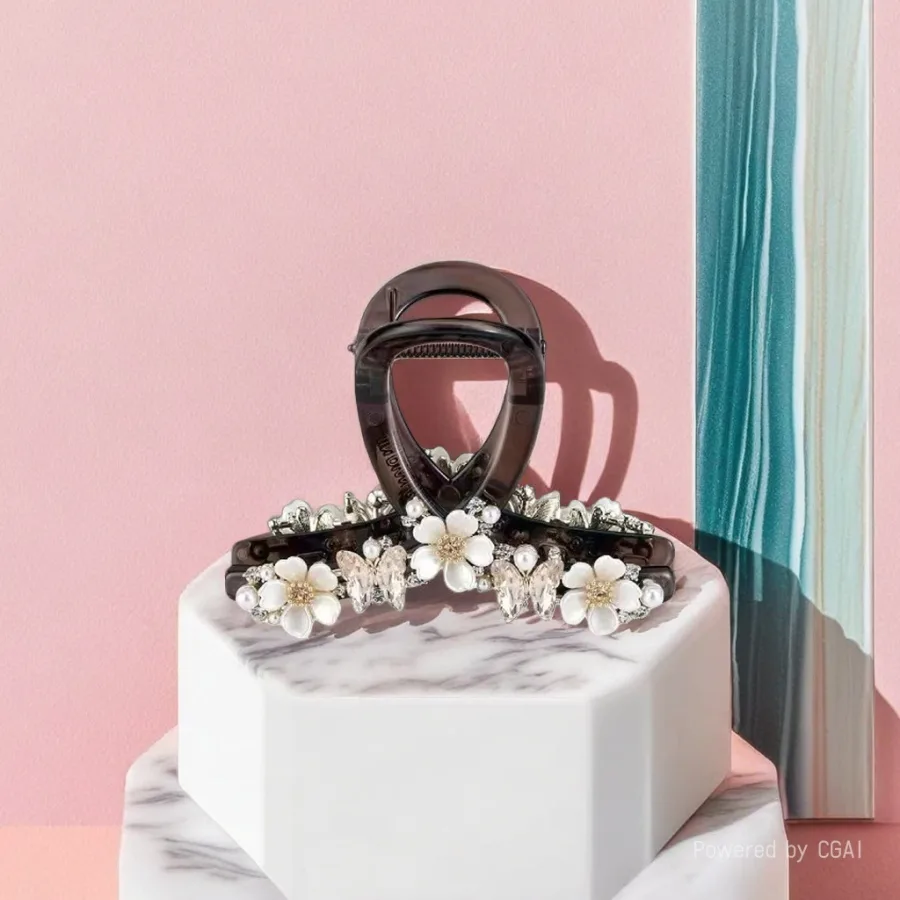 Заколка-краб с жемчугом и цветами коричневая оптом из Китая — фотография 2